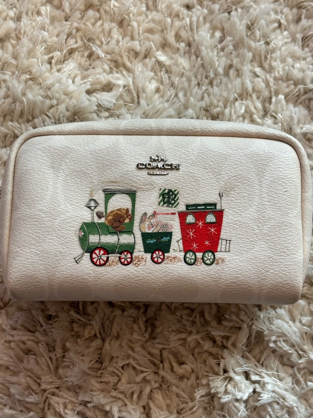 Coach Holiday Christmas Train Pebble Leather Cosmetic Case Makeup Bag Pouch